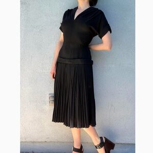 Vintage 30s antique batwing drop waist dress black rayon crepe pleated 20s 40s S